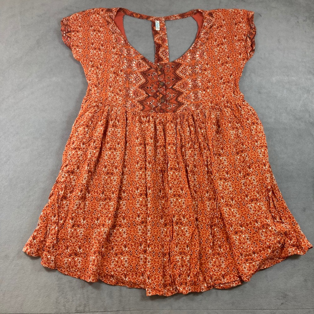 Free People Orange Geometric Tribal Print Babydoll Tunic Top Open Back Large